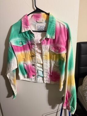 American Rag Cropped Tie-Dye Denim Jacket in Pink, Green & Yellow